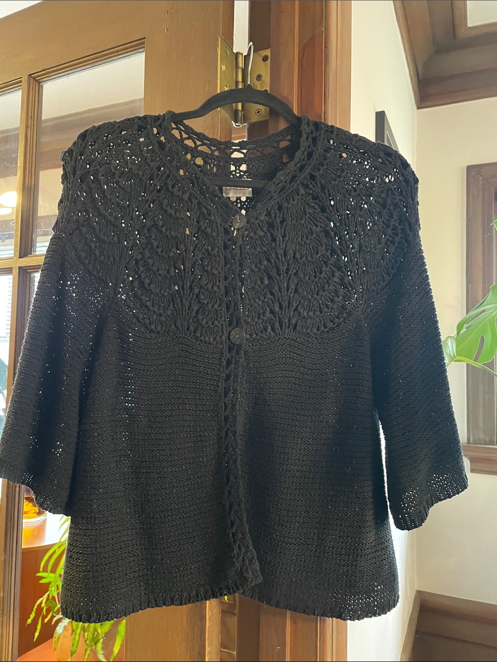 Chico's Black Crochet Yoke Button-Front Cardigan